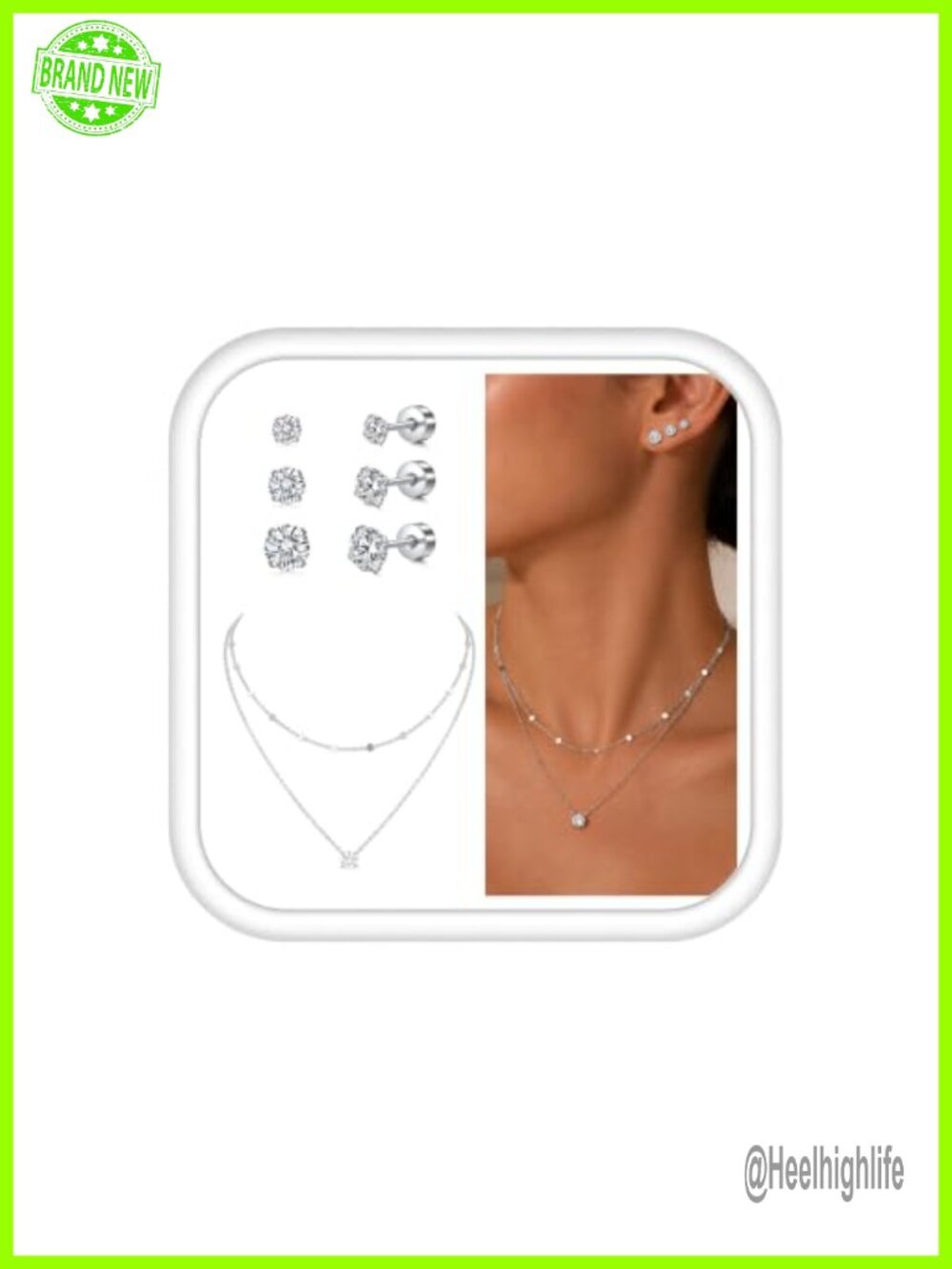 14K Gold Plated Jewelry Set Layered Necklace Flat Back Studs